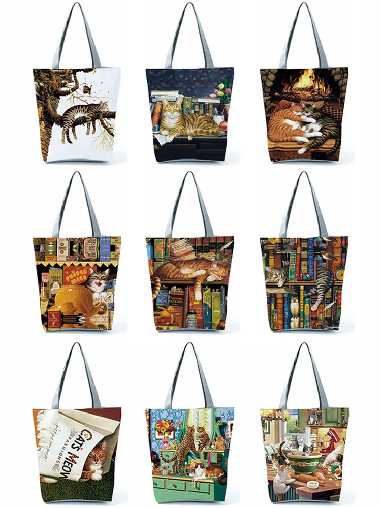 

Oil Painting Cat Printed Women's Handbags Animal Beach Bags for Women Ladies Shopping Shoulder Bag Kitchen Reusable Grocery Bags