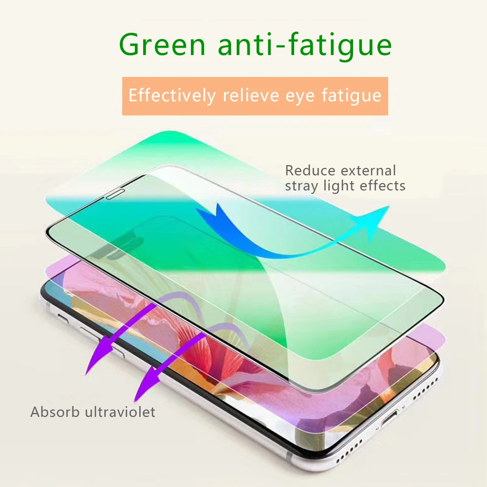 Зеленое закаленное стекло для iPhone XR X 8 7 6 6S Plus полное покрытие Защита экрана 11 Pro XS
