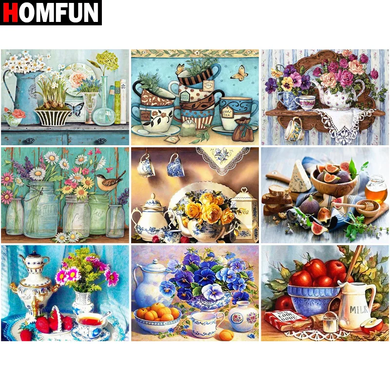 

Алмазная 5D Вышивка HOMFUN «Чайный набор», вышивка крестиком, круглые/квадратные, для творчества, домашний декор