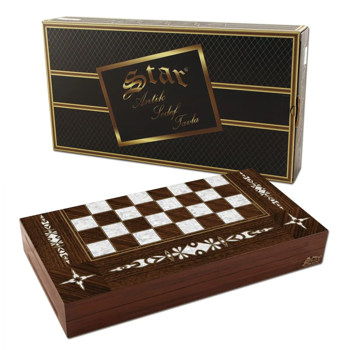 

Star Ancient Pearl Backgammon Clover, Luxury Board Chips Dice Checkers, Wooden Game, Gift, Double Game, Dice Game,Made in Turkey