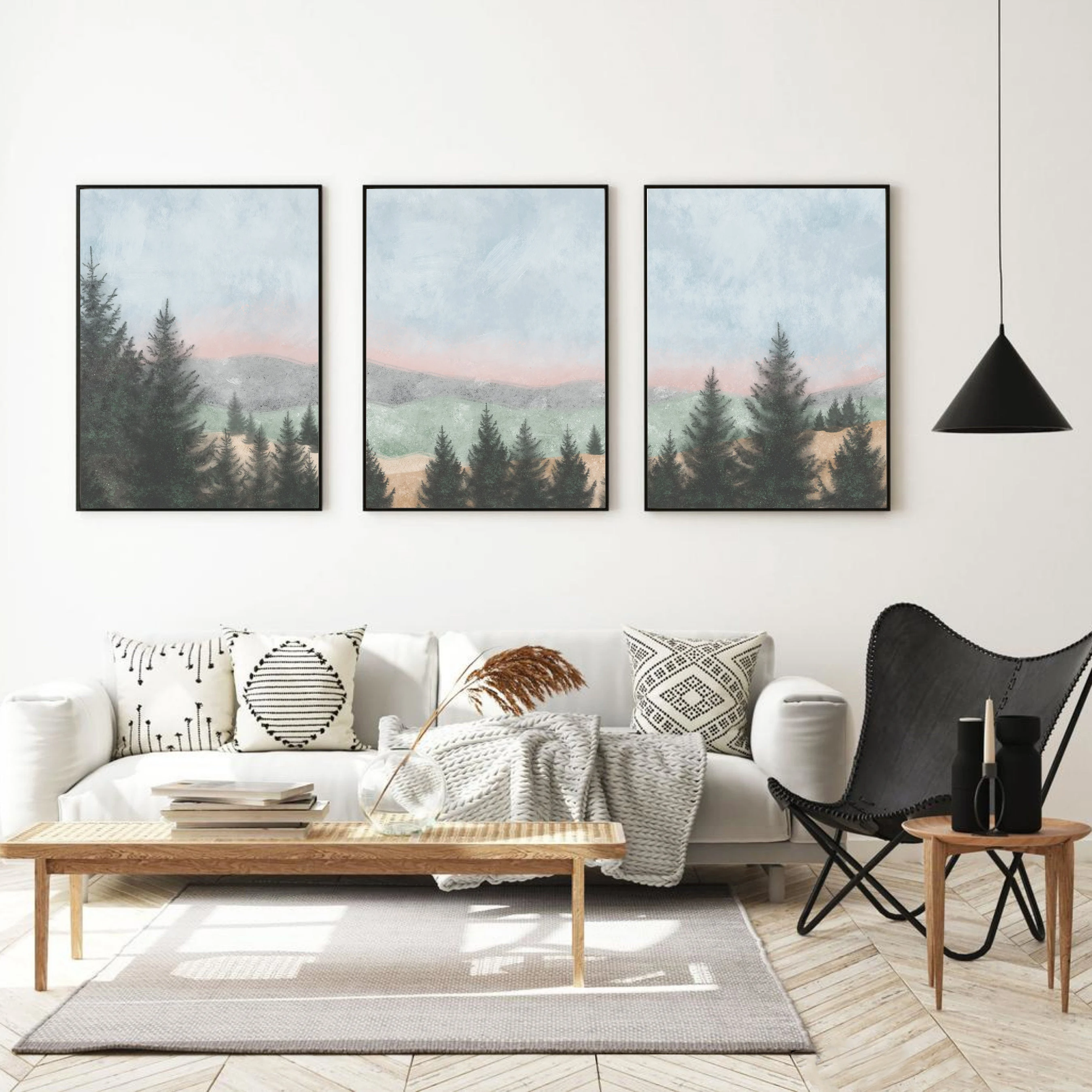 

Watercolor Landscape Poster Mountain Tree Art Print Natural Sunset Clouds Canvas Painting Modern Wall Picture Living Room Decor