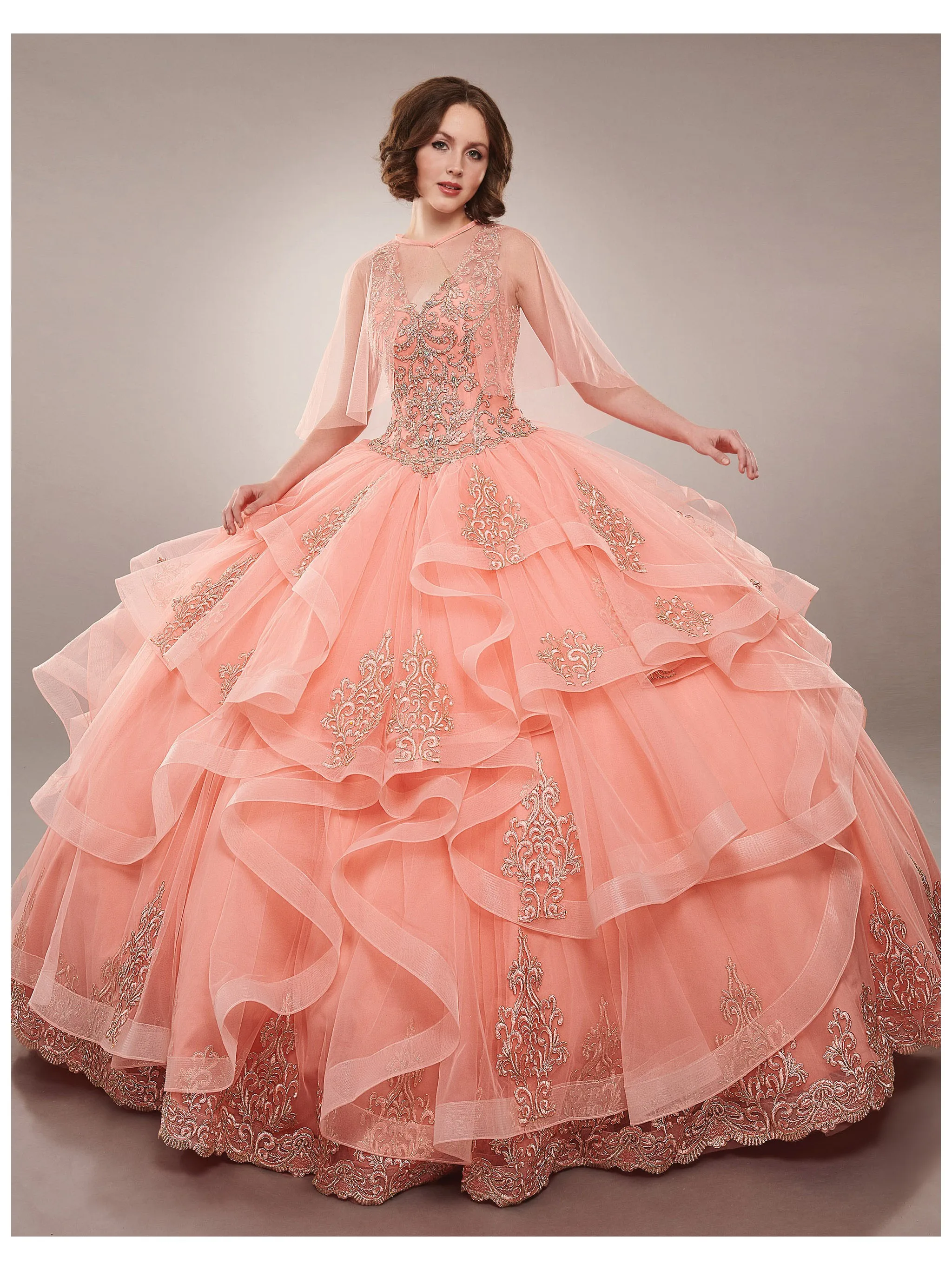 

CloverBridal 2021 Stunning Lace Appliques Coral Quinceanera Dresses Sweep Train Keyhole Back Ruffle Skirt Ball Gown WQ9843