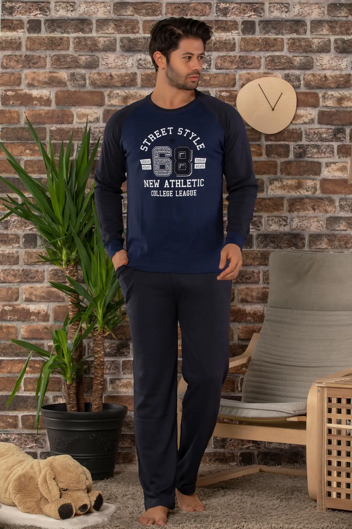 Клубничный Мужской зеленый хлопковый Пижамный костюм с длинными