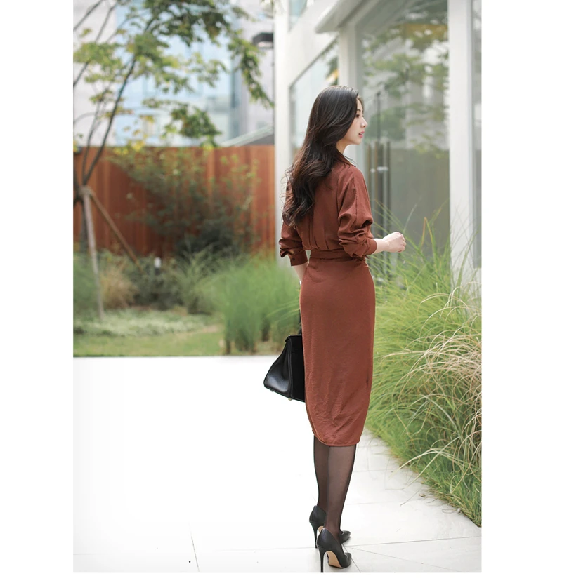 

Slim Caramel Women Dress Wrap Full Sleeve Elegant Autumn Designer Korean Lady Vestido 2021 Women Clothes OWD195004