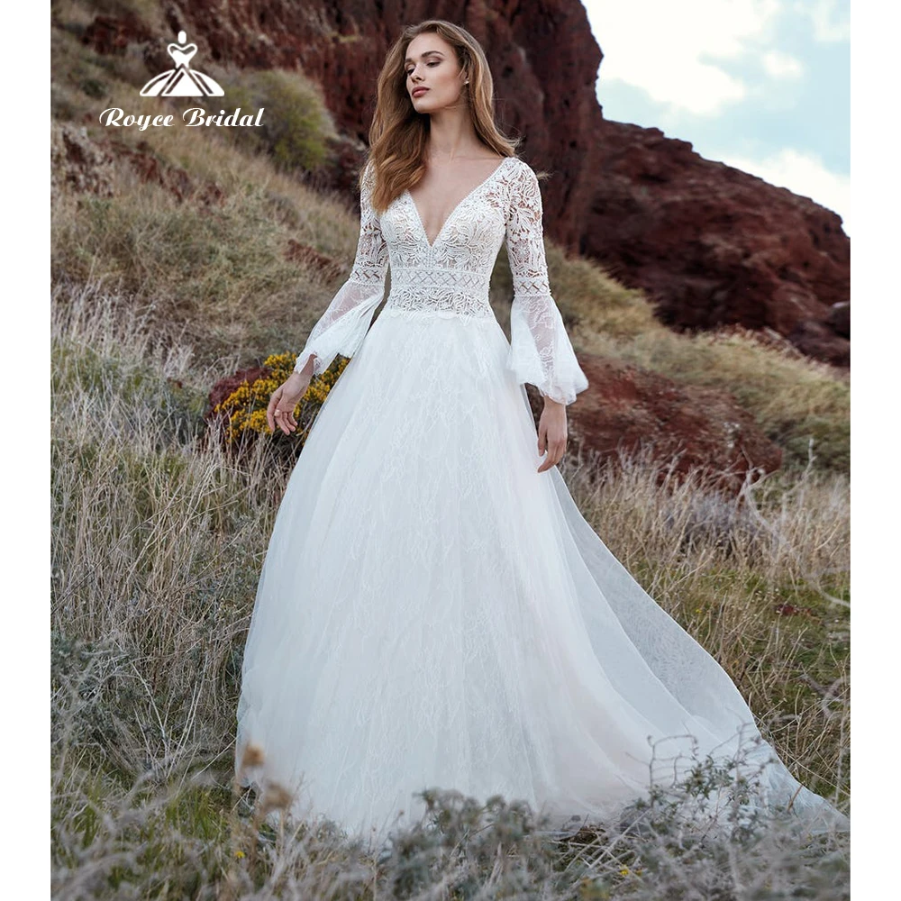 

Exquisite V-neck Flare Full Sleeve Lace Ball Gown Wedding Dresses 2022 Netting Bridal Gowns Floor-Length Sweep robe de mariée