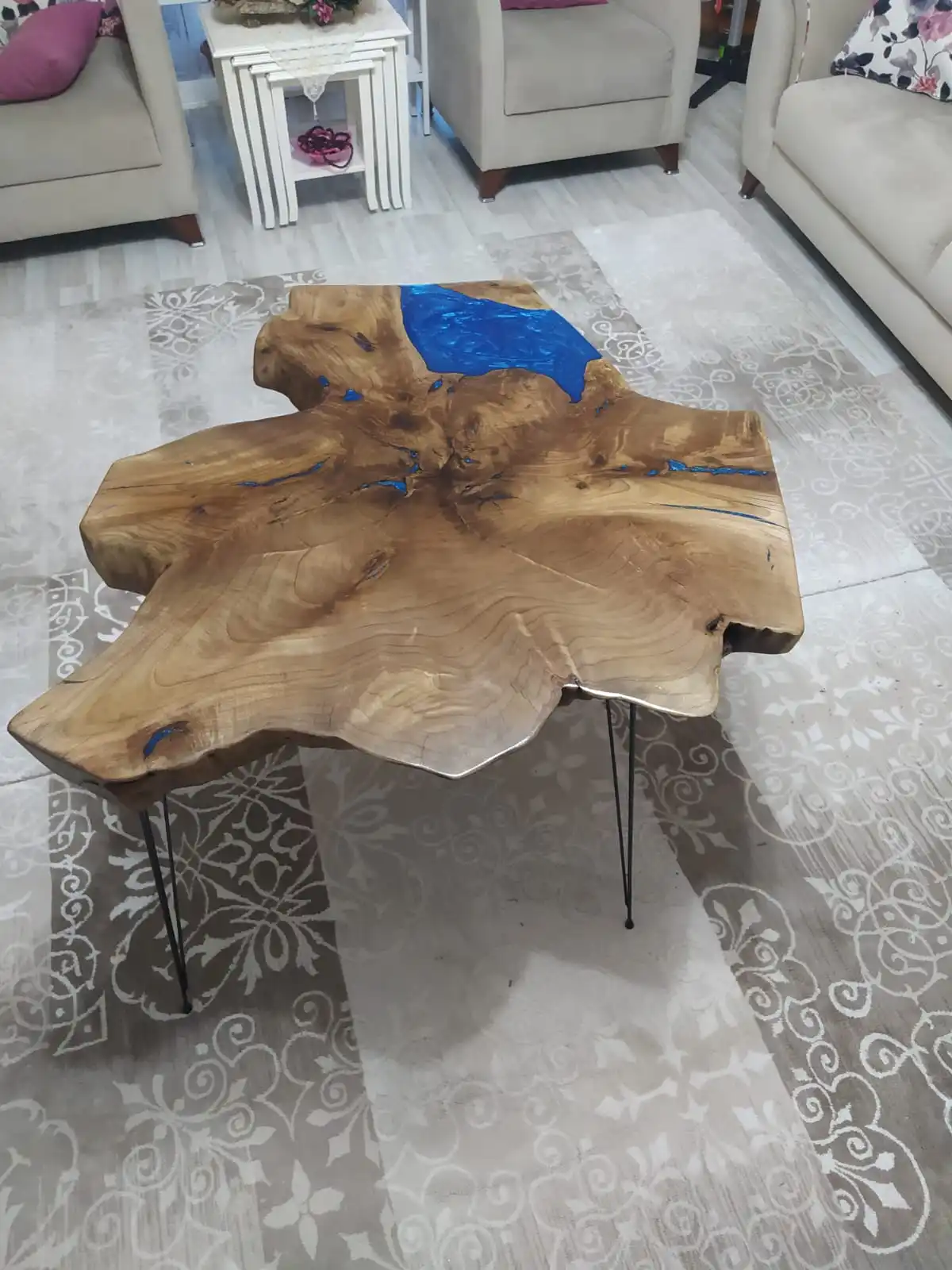 

Walnut wood blue epoxy coffee table