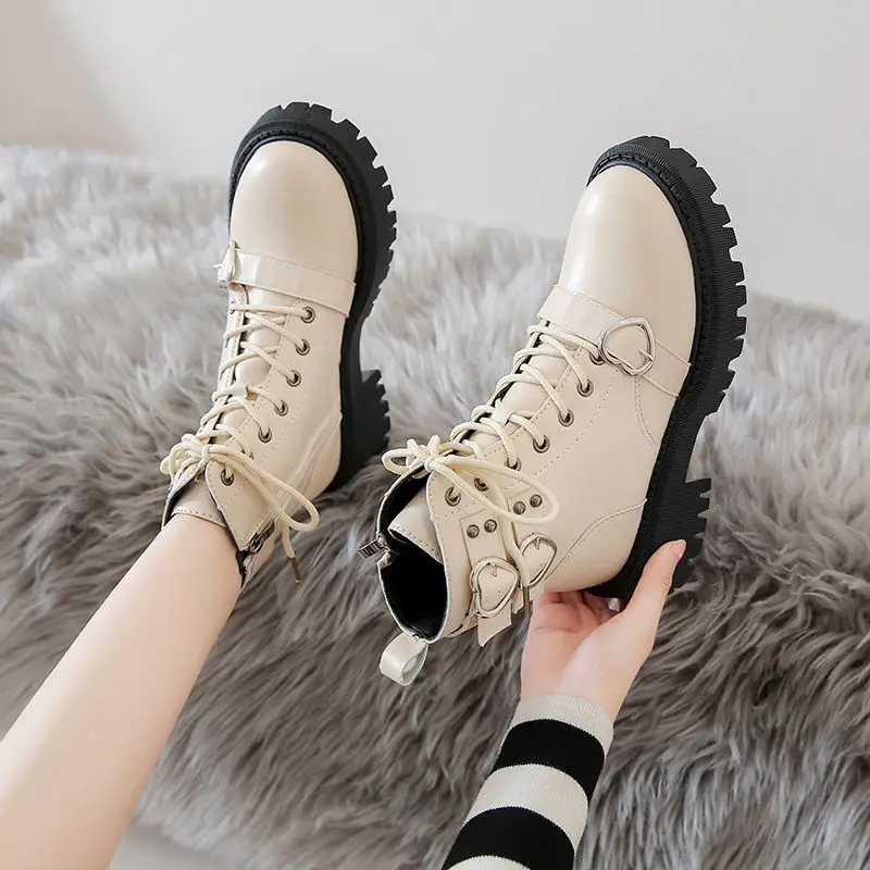 

New Martin Boots With Buckle Women's Black Leather Low Heels Shoes Girls Lace Up High Top Metal Hearts Deco Boots For Women 2022