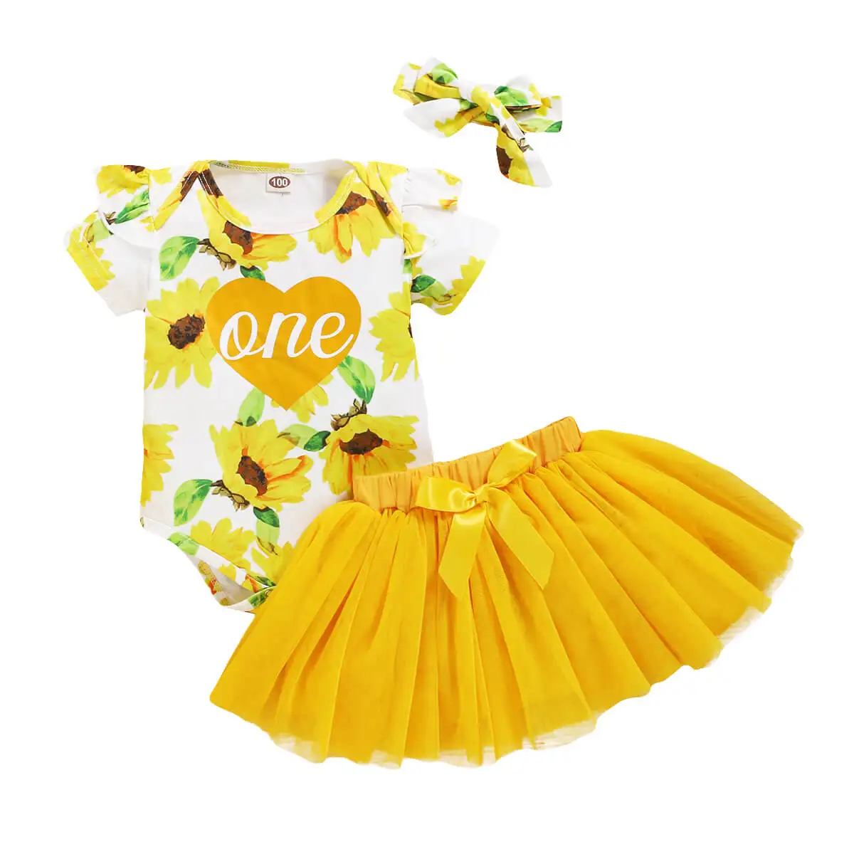 

Free Shipping Baby Girl Birthday Dress Baby Girl Clothes Floral Printed Short Sleeve Romper Pink Yellow Tulle Skirt Girl Outfits