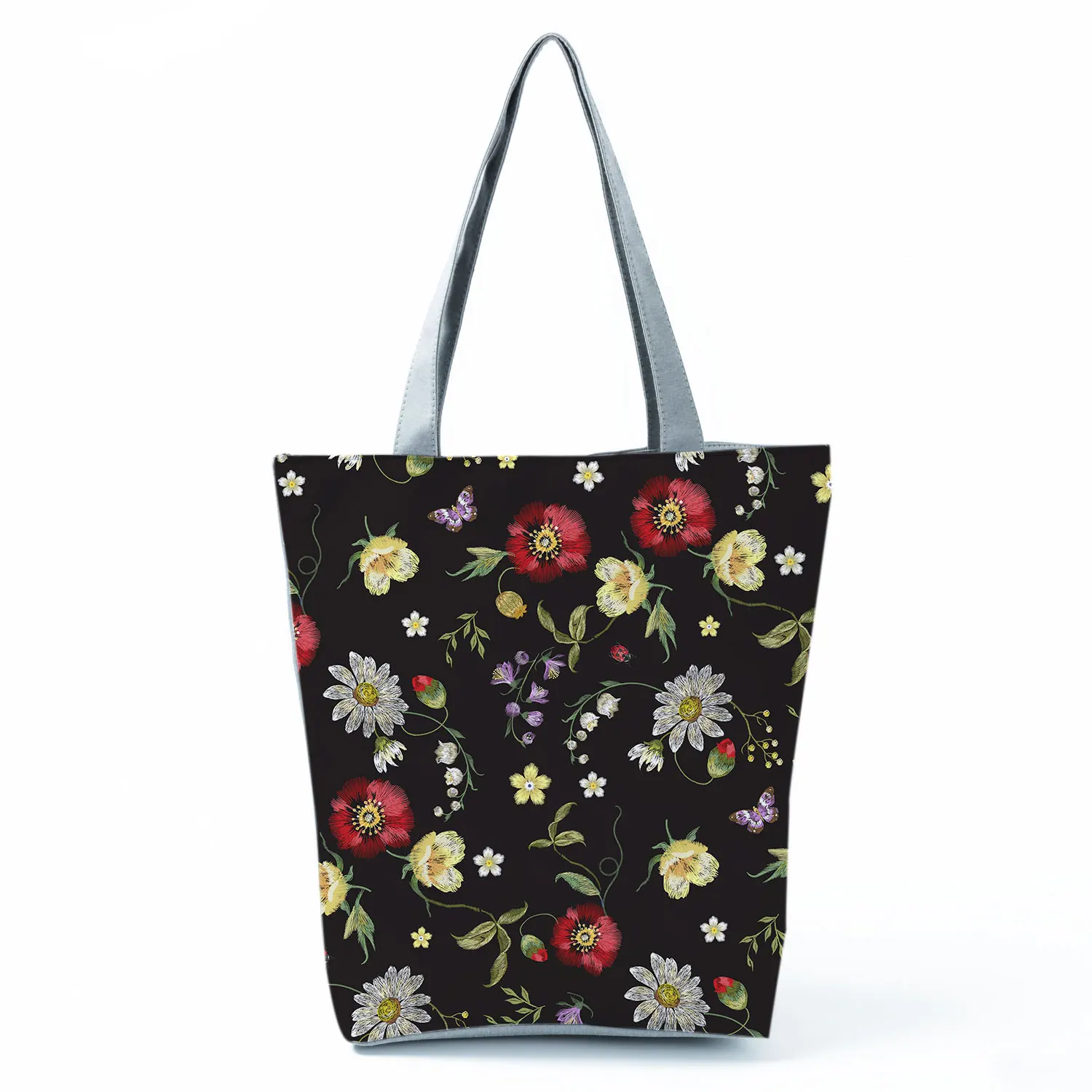 

Floral Print Black Handbags Refreshing Fashion Shoulder Bags Ladies High Capacity Practical Shopping Bag Eco Portable Travel Bag