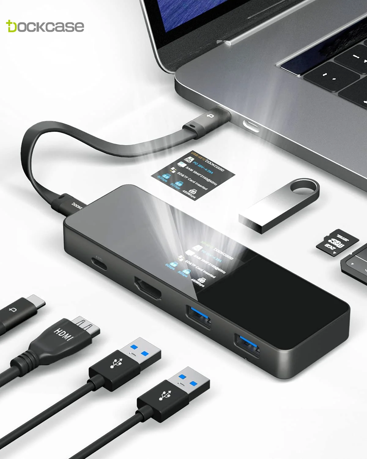 

Визуальный USB C-концентратор DockCase (7 в 1 с HD-дисплеем) с HDMI 4K @ 60 Гц, питание 100 Вт (PD), 3 звена, карта SD/TF