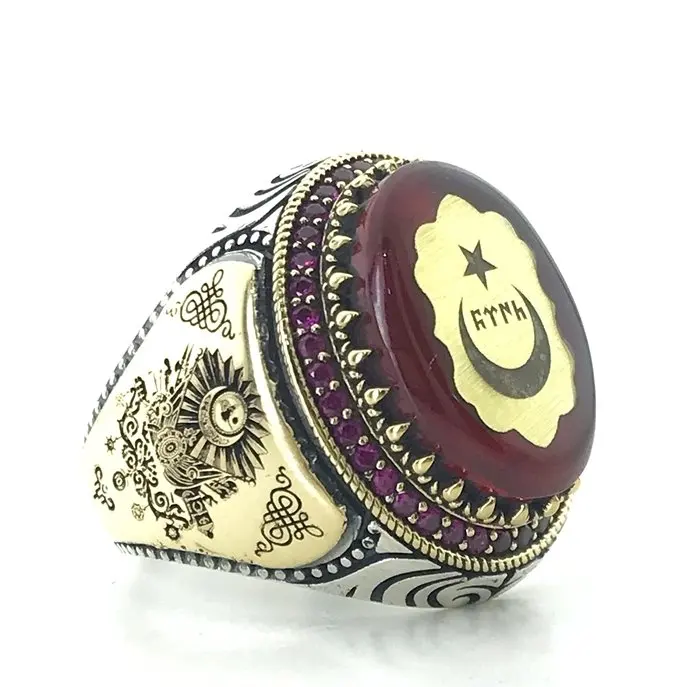 Янтарный и рубиновый кмень пуфик Tuğra такелаж Пользовательские Серебряный Для