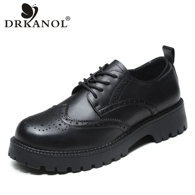 

DRKANOL Fashion Thick Bottom Women Oxford Shoes British Style Genuine Leather Square Heel Bullock Casual Leather Shoes Black