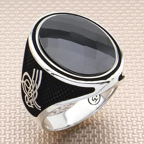 

Oxidized Oval Black Zircon Stone Men Silver Ring With Ottoman Tugra Motif Made in Turkey Solid 925 Sterling Silver