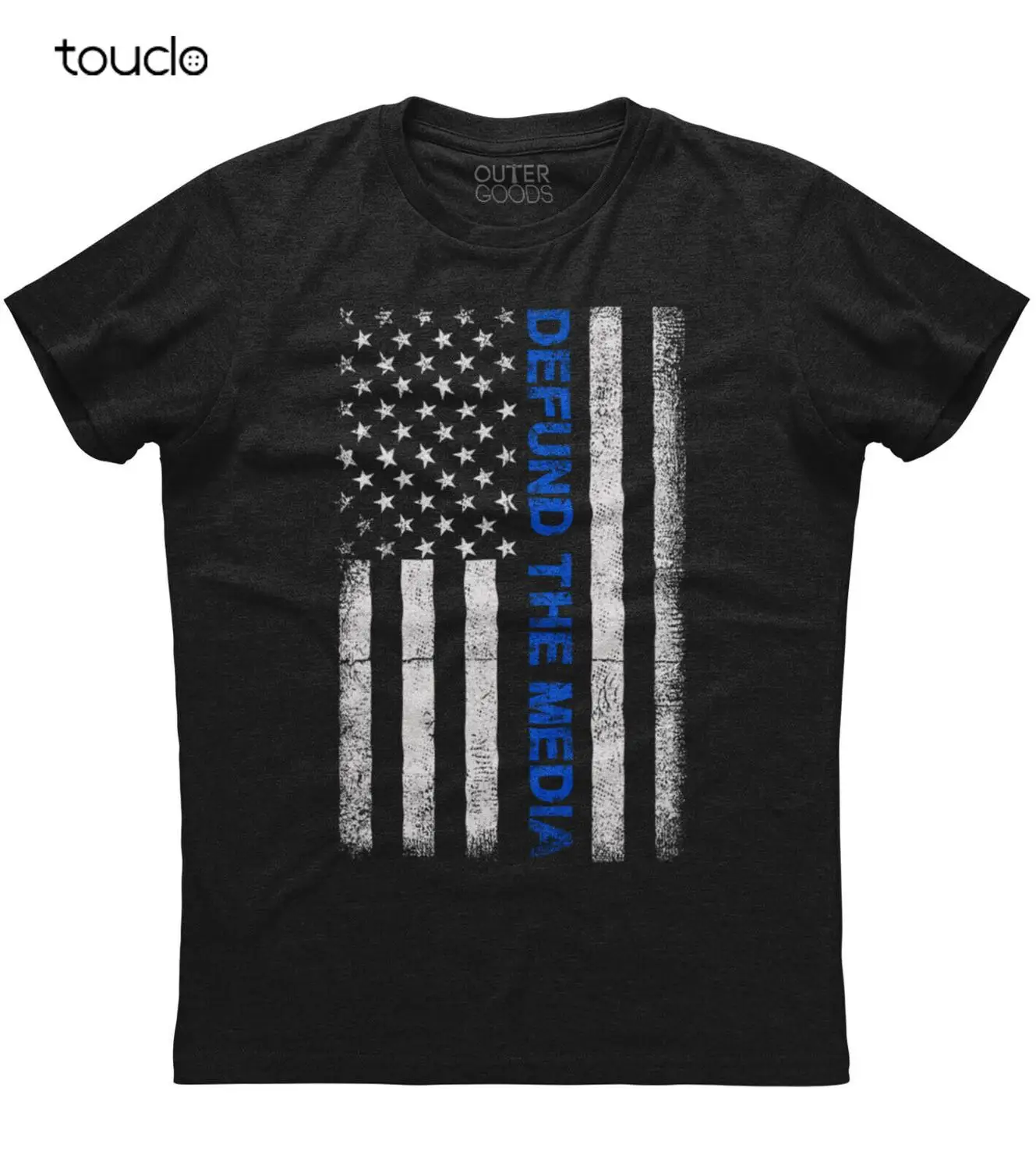 

Mens Thin Blue Line Defund The Media Patriotic T-Shirt American Flag Police USA
