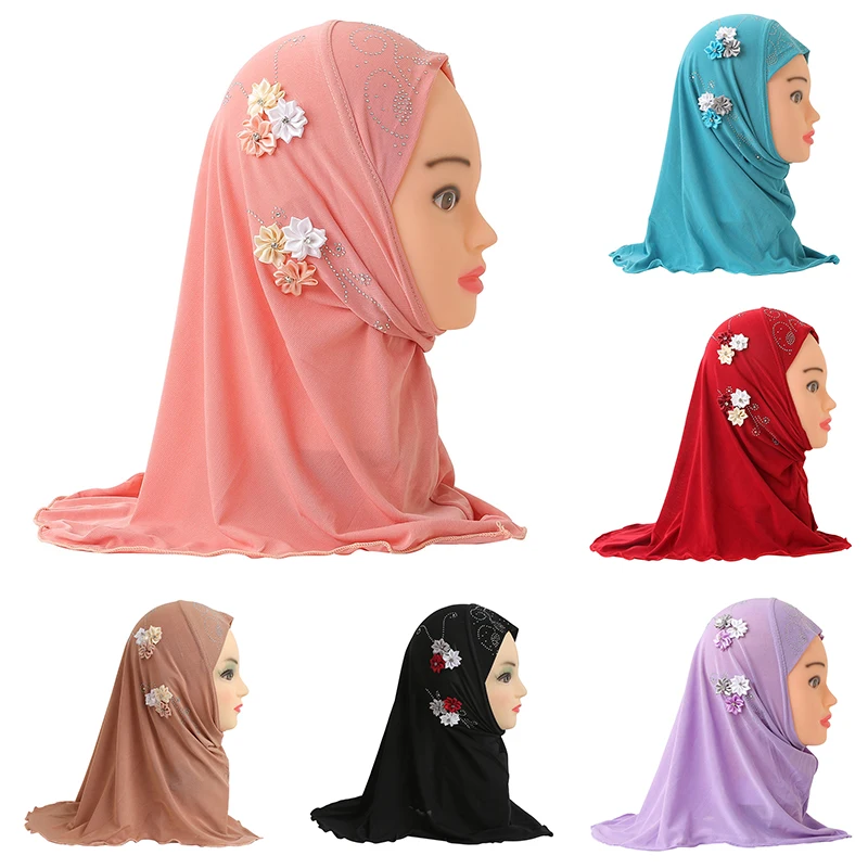 

1PC Girls Kids Muslim Hijab Scarf Flower Headscarf Turban Caps Islamic Arab Scarfs Shawls Fit 2-7 Years Old Headwrap