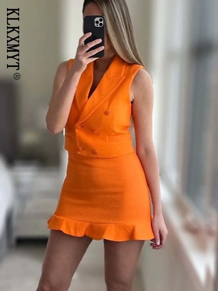 Женские костюмы KLKXMYT TRAF с юбкой Модный укороченный повседневный комплект жилета