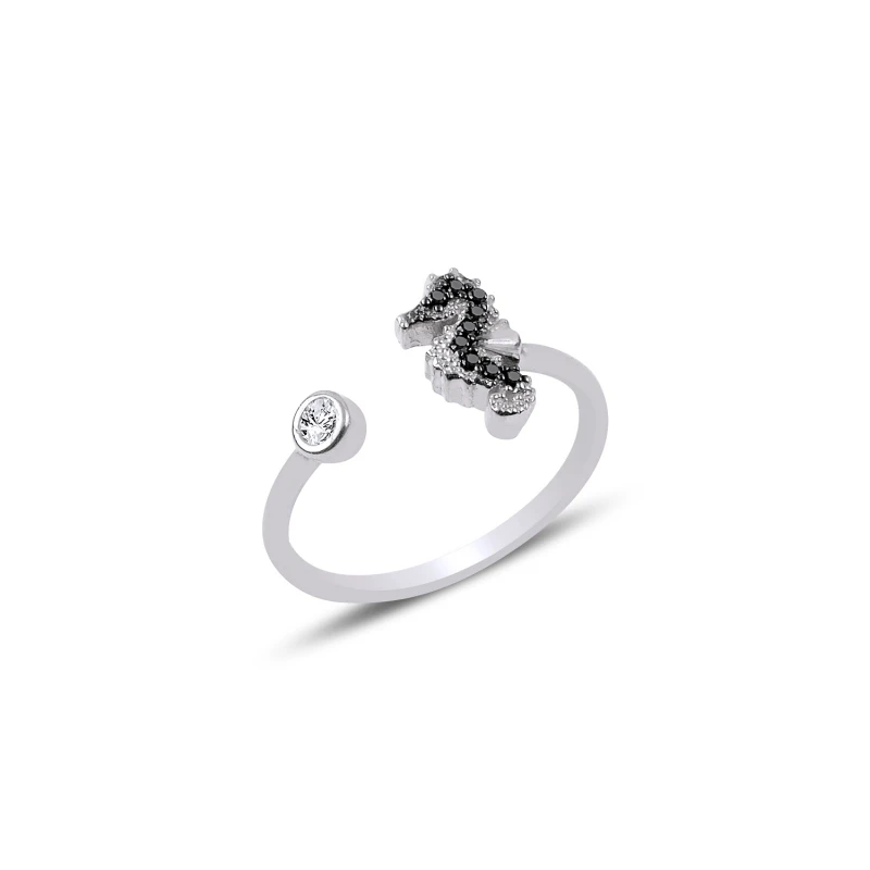 KUTAYDAN Black Zircon Stone Adjustable Tall Seahorse Ring 925 Sterling Silver