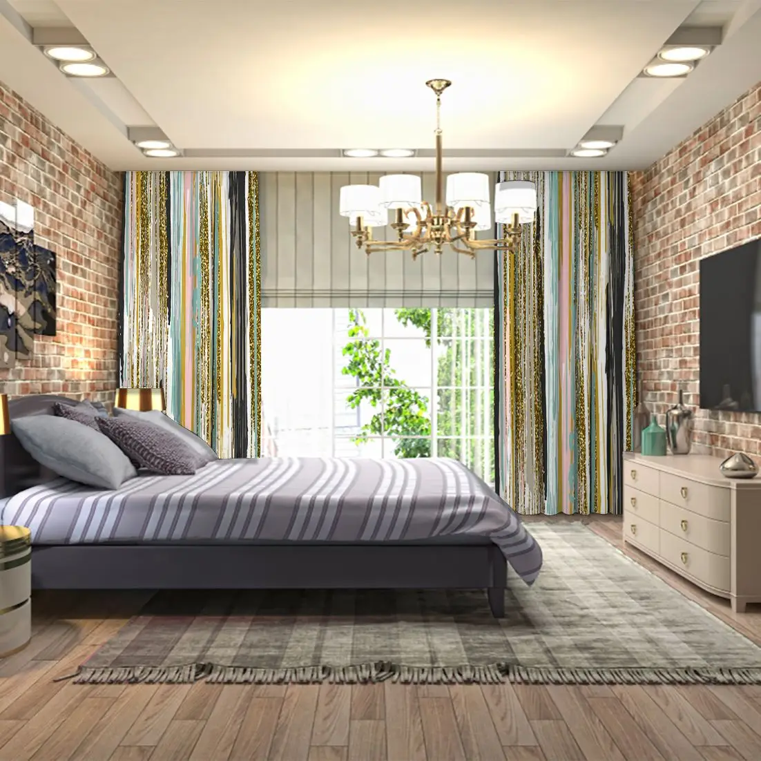 Занавеска Современная работа вертикальные линии кисти штрихи и полосы в золотой