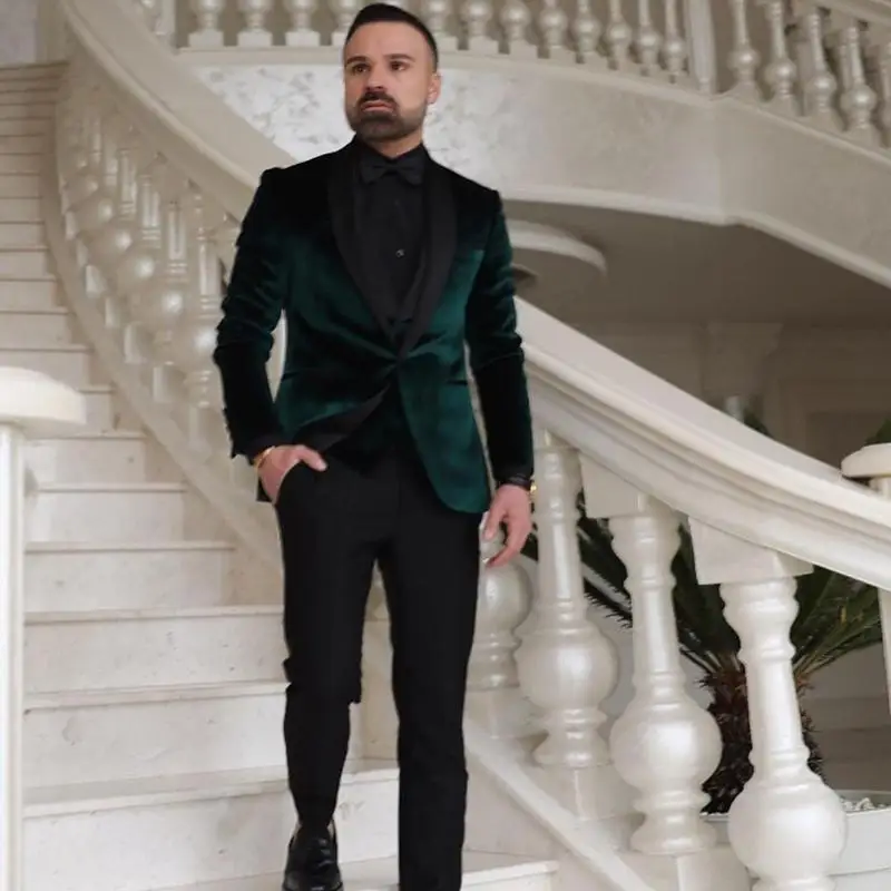 Green Velvet One Button Wedding Groom Tuxedos Shawl Lapel Men Suits Party Blazer Prom Business Designer (Jacket+Vest+Pants)