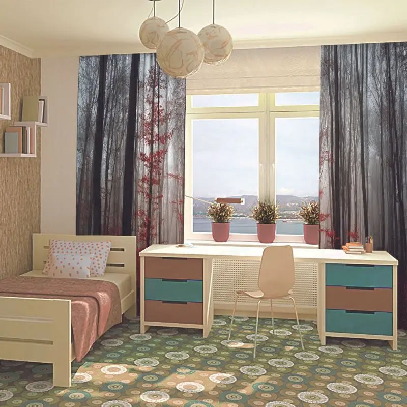 Занавес Мистик ЛЕС ДЕРЕВЬЯ красные листья туманный утренний вид осень Природа