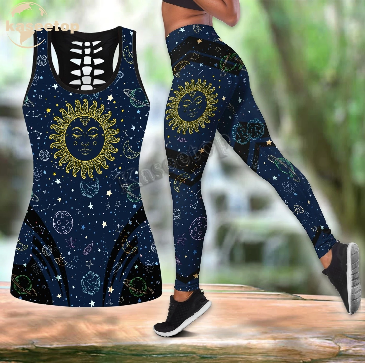 

Kaseetop 3D Sun And Moon Pattern Two Piece Yoga Set Women 3D Print Vest Hollow Out Hollow Tank & Legging Outfit Summer LK151