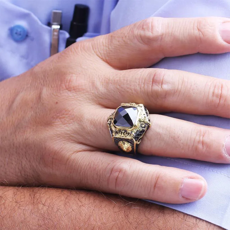 

Handmade Gold Black Zircon Man Silver Ring, Square Zircon Silver Men Ring, Silver Zircon Man Ring,925 Sterling Silver Ring