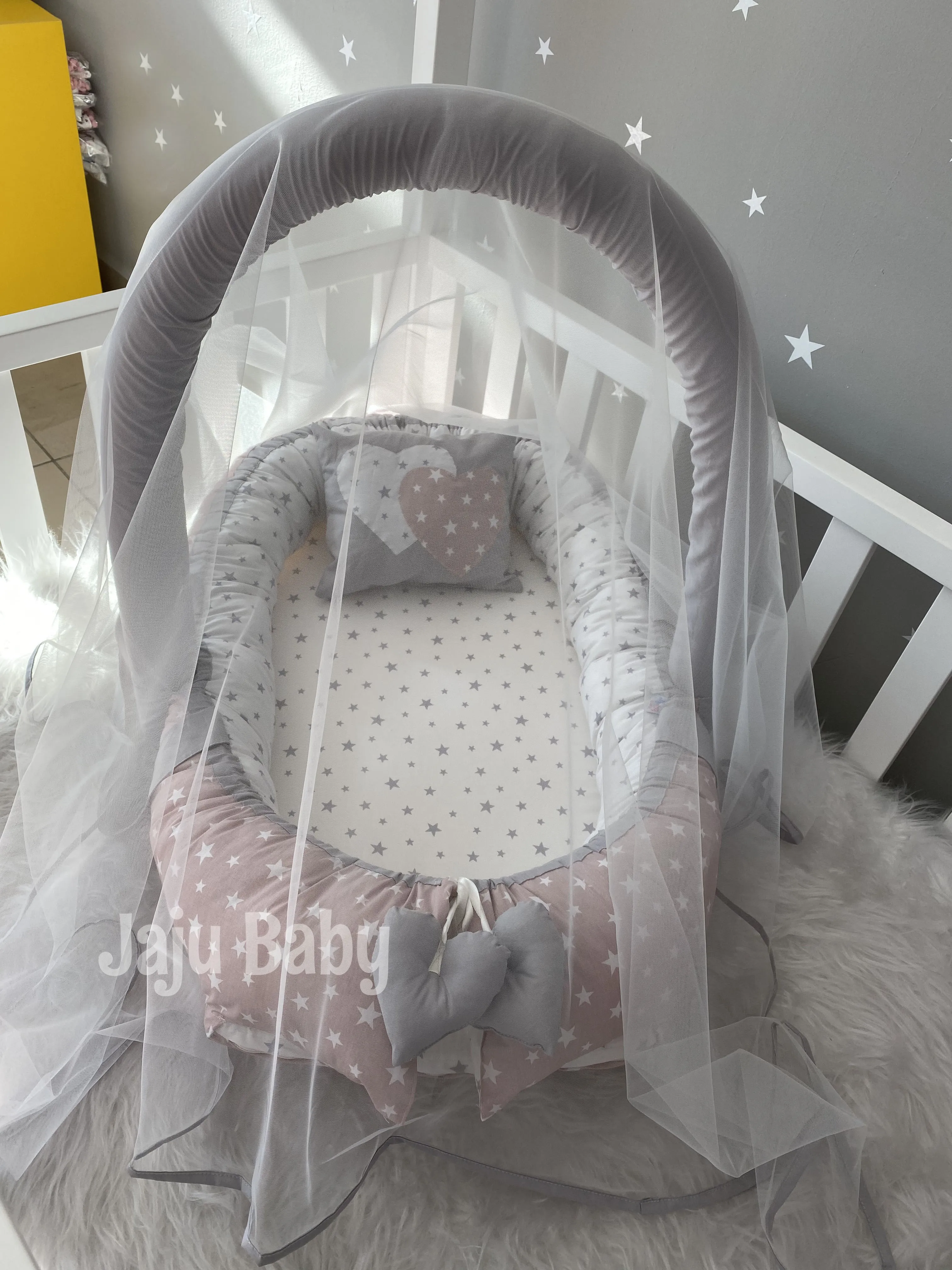 Jaju Baby Handmade Gray and Powder Star Patterned Mosquito Net and Toy Apparatus Luxury Design Babynest Mother Side Portable Bed