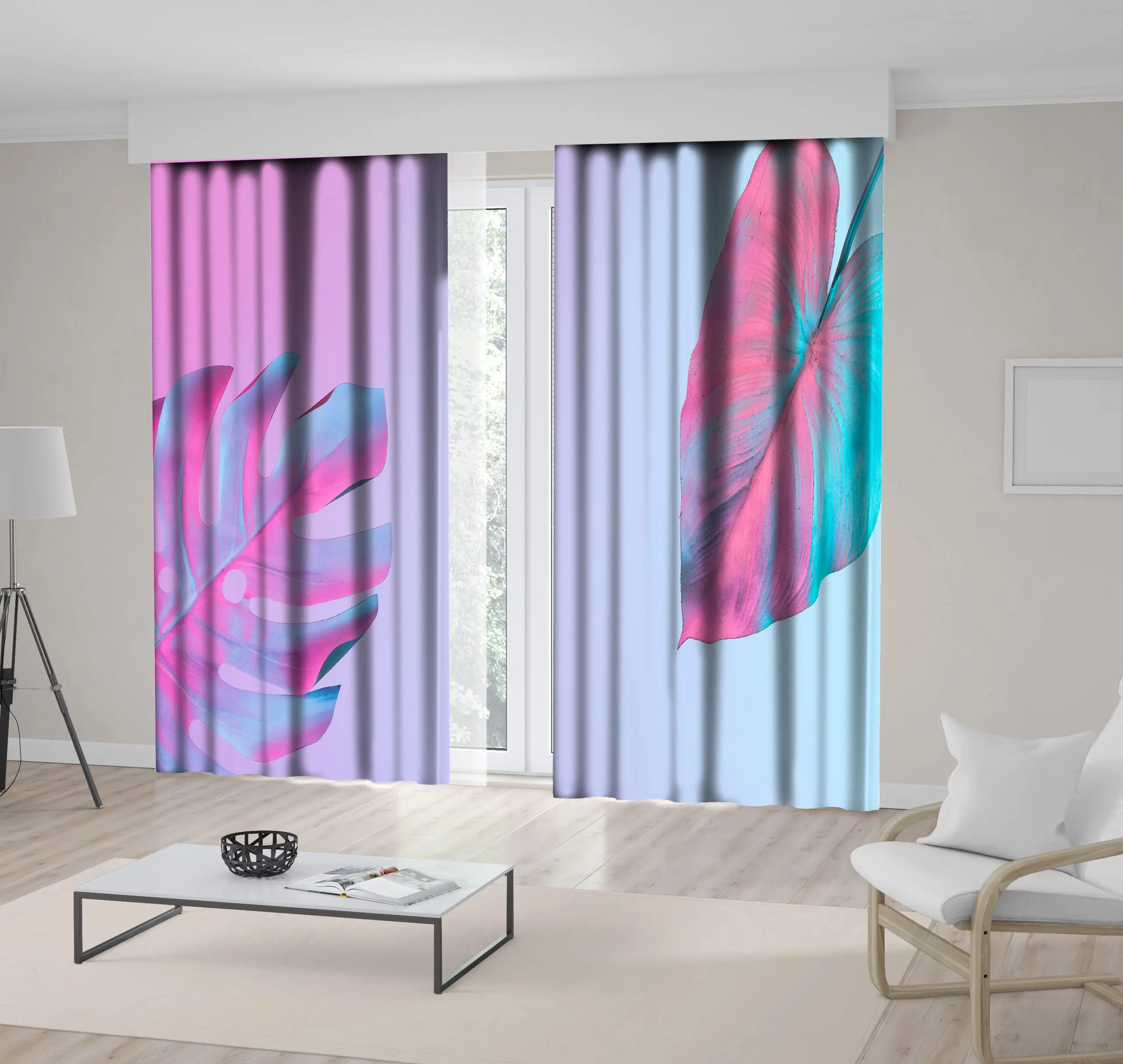 

Curtain Tropical Palm Leaves in Vibrant Bold Gradient Holographic Neon Colors Minimal Art Blue Green Pink