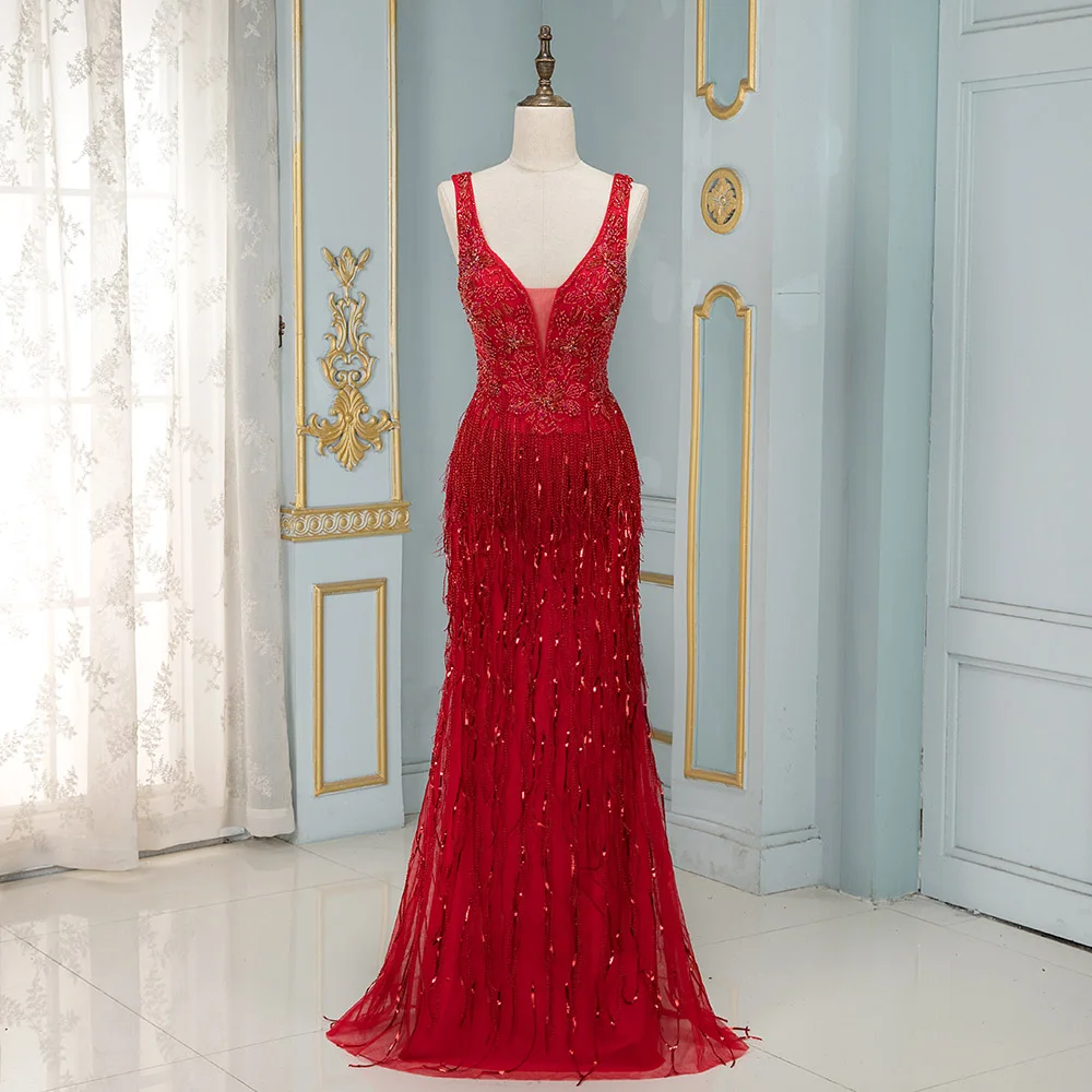 

DressbLee 2020 Fashion Red Long Crystal Prom Dress Sleeveless Fringed Pageant Dress Robe de Soiree