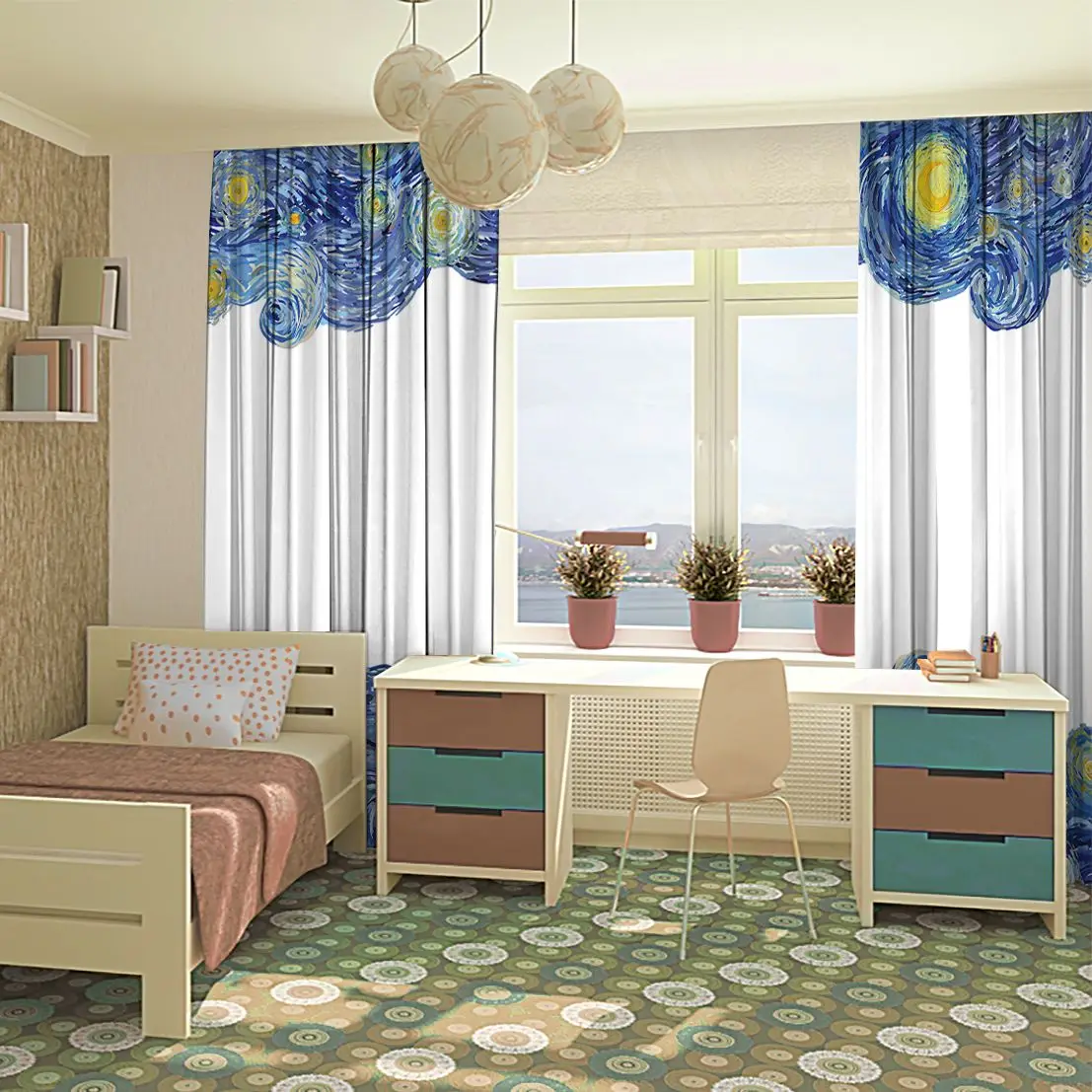 Занавес звездное ночное небо со светящейся Луной и облаками с Ван Гогом