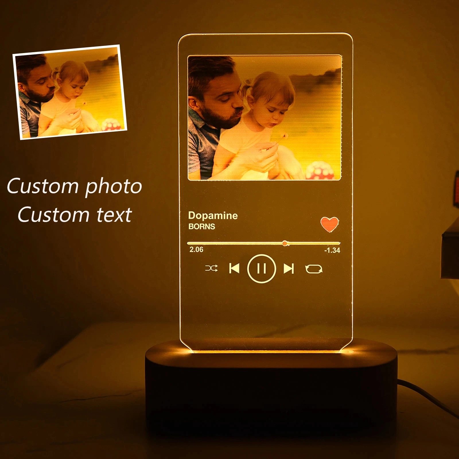 

Customized Picture Frame USB With Light Creative Wooden Base Personalized Gift Photo Home Bedroom Decoration For Friend Gifts