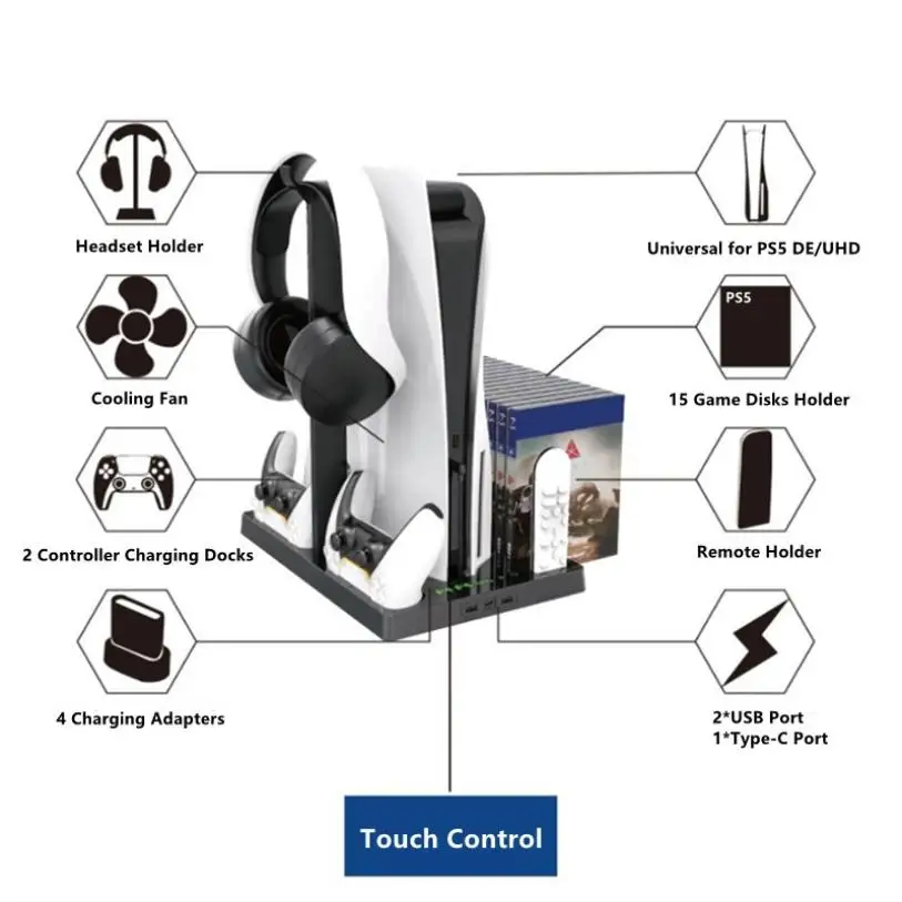 

Vertical Stand Display Showcase Cooling Fan Controller Charger Charging Dock Play Station 5 Digital HD Console Accessories