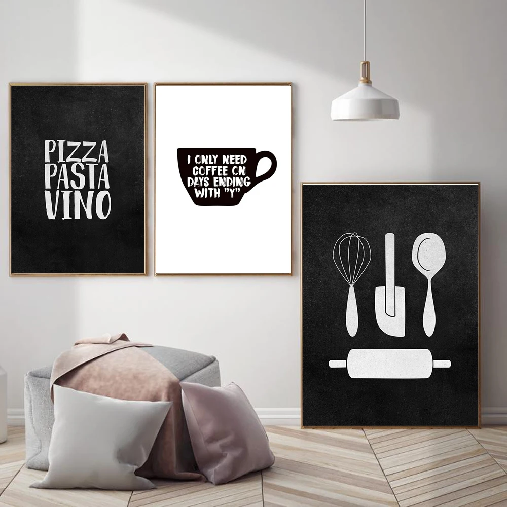 

Pizza Pasta Vino Posters and Print Black White Wall Decor Coffee Cup Canvas Painting Wall Art Pictures Restaurant Unique Decor