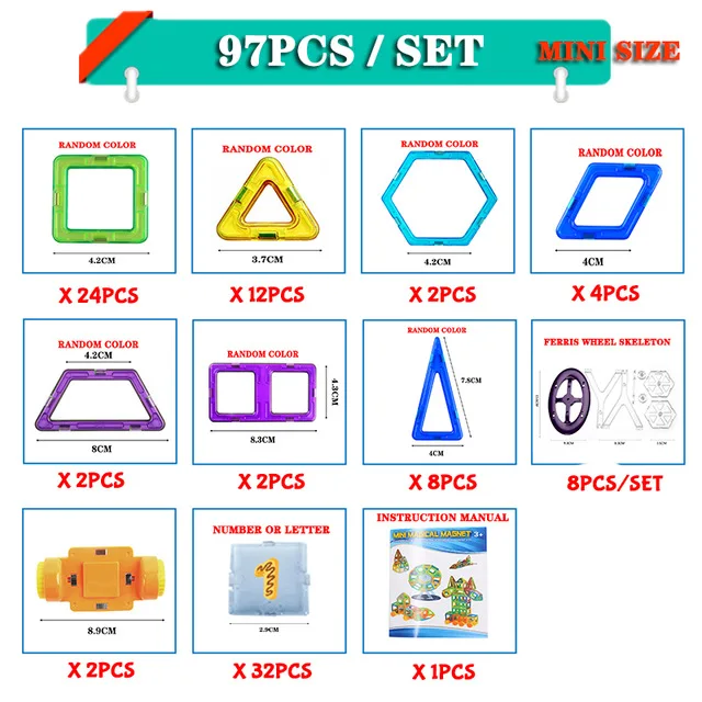 97pcs Магнитный конструктор, конструктор для мальчиков, игрушки для малышей, блоки, мини развивающие наборы, модели, строительные магниты ABS, детские рождественские подарки - Цвет: 97pcs
