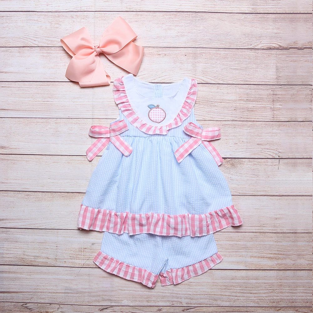 

Summer Girls Clothes Blue Plaid Sleeveless Top And Shorts Pink Peach Embroidery Pattern Cute Toddler Girl Outfits