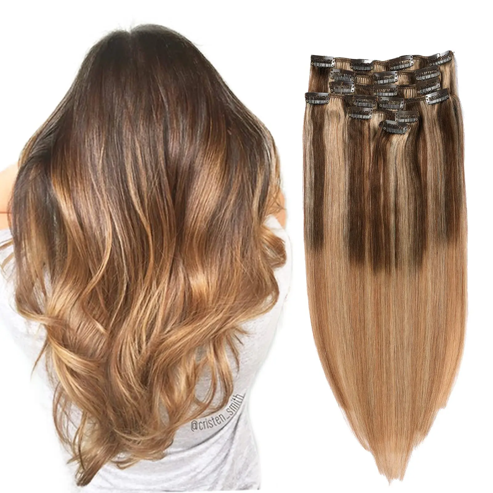 Ombre Brown Clip in Double Weft Hair Extensions 7Pcs 120G Blonde Highlights Straight Balayage Real Hair Extensions for Women
