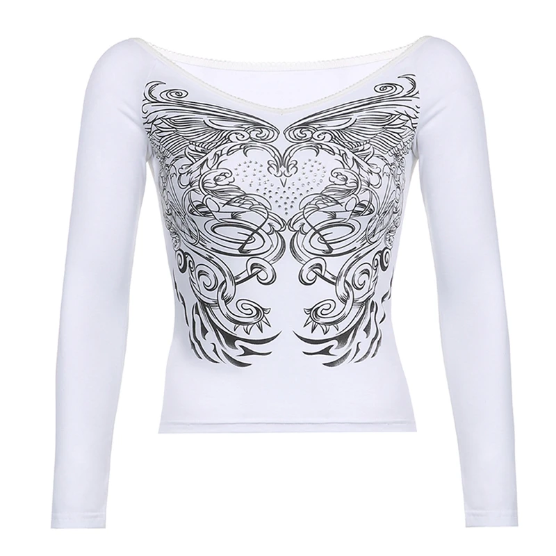 Xingqing Angel Wings Print Tops Fairy Grunge Graphic T Shirts Vintage Indie Aesthetic Clothes Cyber Y2k Slim Long Sleeve Top couple t shirt