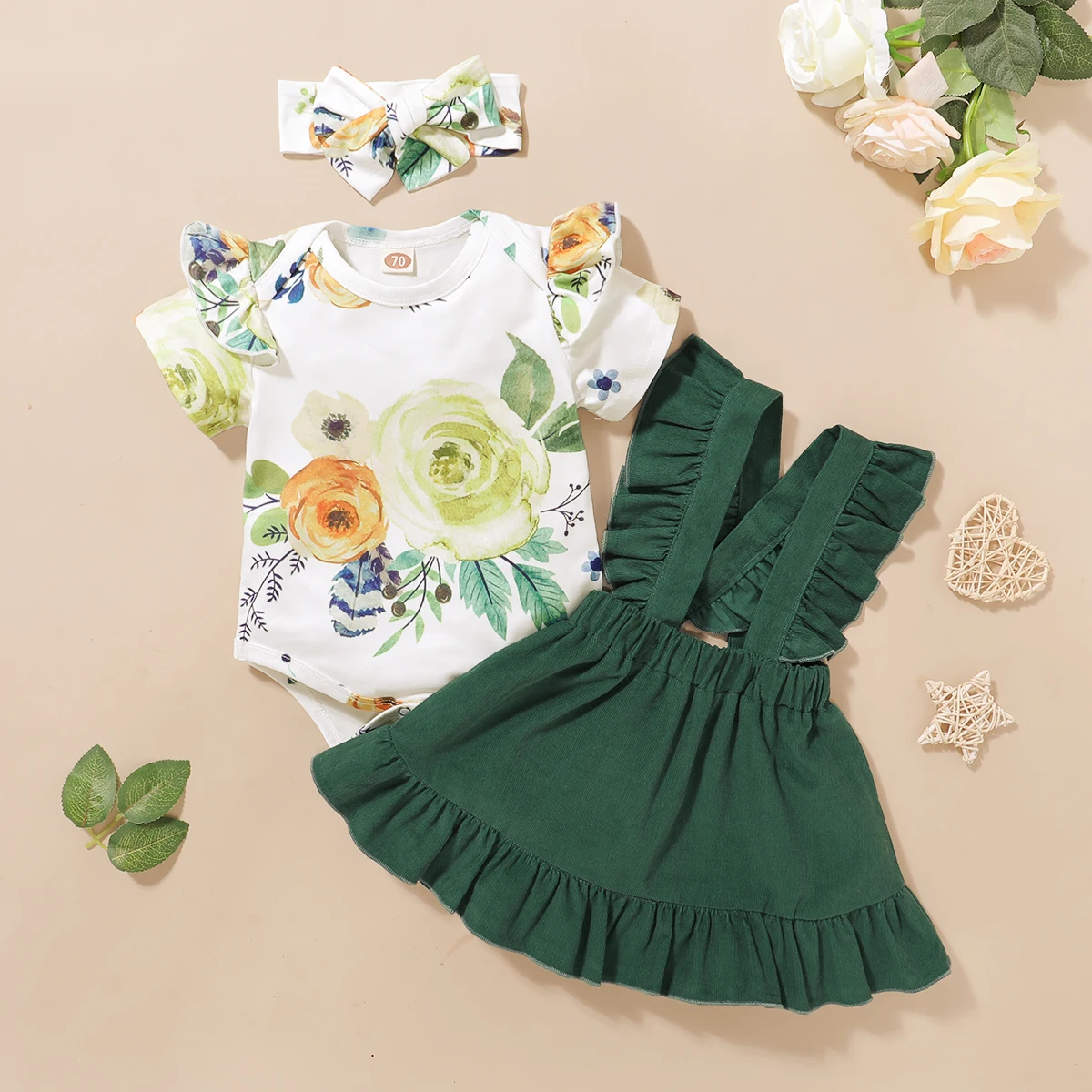 

Infant Girl Clothes 12-18 Months Baby Clothes For Girls Short Sleeve Floral Romper Solid Green Suspender Skirt Toddlers Clothes