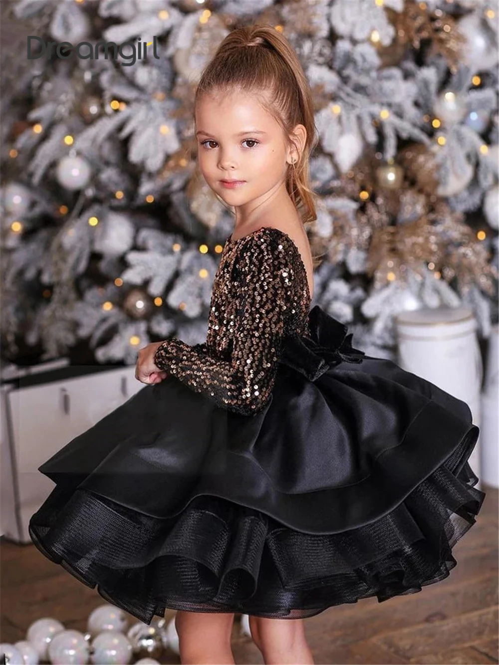 

Dreamgirl Sequin Flower Girl Dress Black Baby Girl Dress A Line Knee Length First Communion Dress O Neck Birthday Party Gown