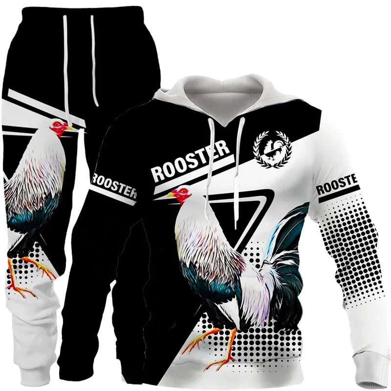 Cool Rooster Hunting Camo Hoodie/Suit Harajuku Men's Funny Pullover&Pants Two Piece Set Chicken Cock Animal 3D Printed Tracksuit