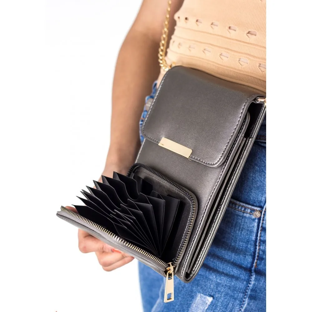 

Grey Color Chain Small Fashion Women Lady Crossbody 2 Compartments Wallet Bag and Magnetic Quality Cover For Password and Cards