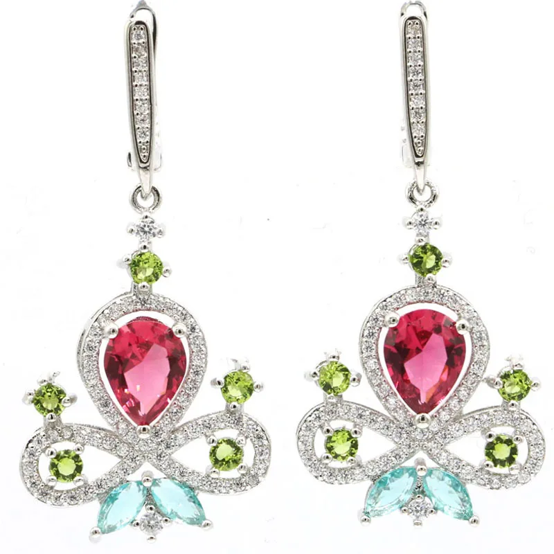 43x21 мм Разноцветные серьги из серебра с изображением перидота аквамарина и