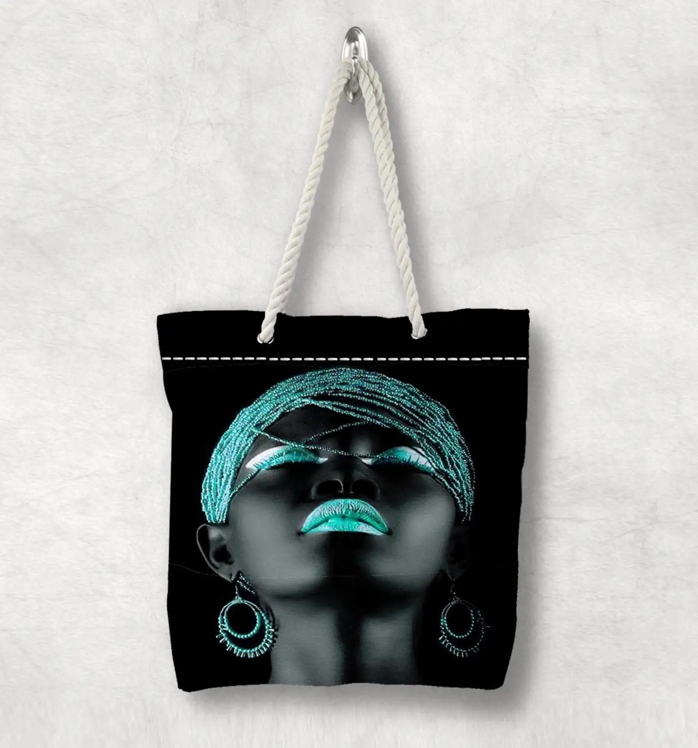 

Else Black Girl Green Hair Lips New Fashion White Rope Handle Canvas Bag Cotton Canvas Zippered Tote Bag Shoulder Bag