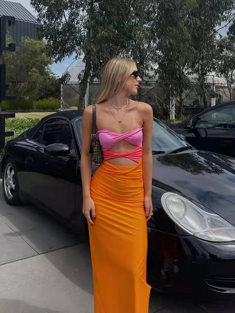 

Patchwork Y2K Strapless Bodycon Dress Women 2022 Sexy Split Hollow Out Backless Summer Midi Beach Club Party Dress Birthday New
