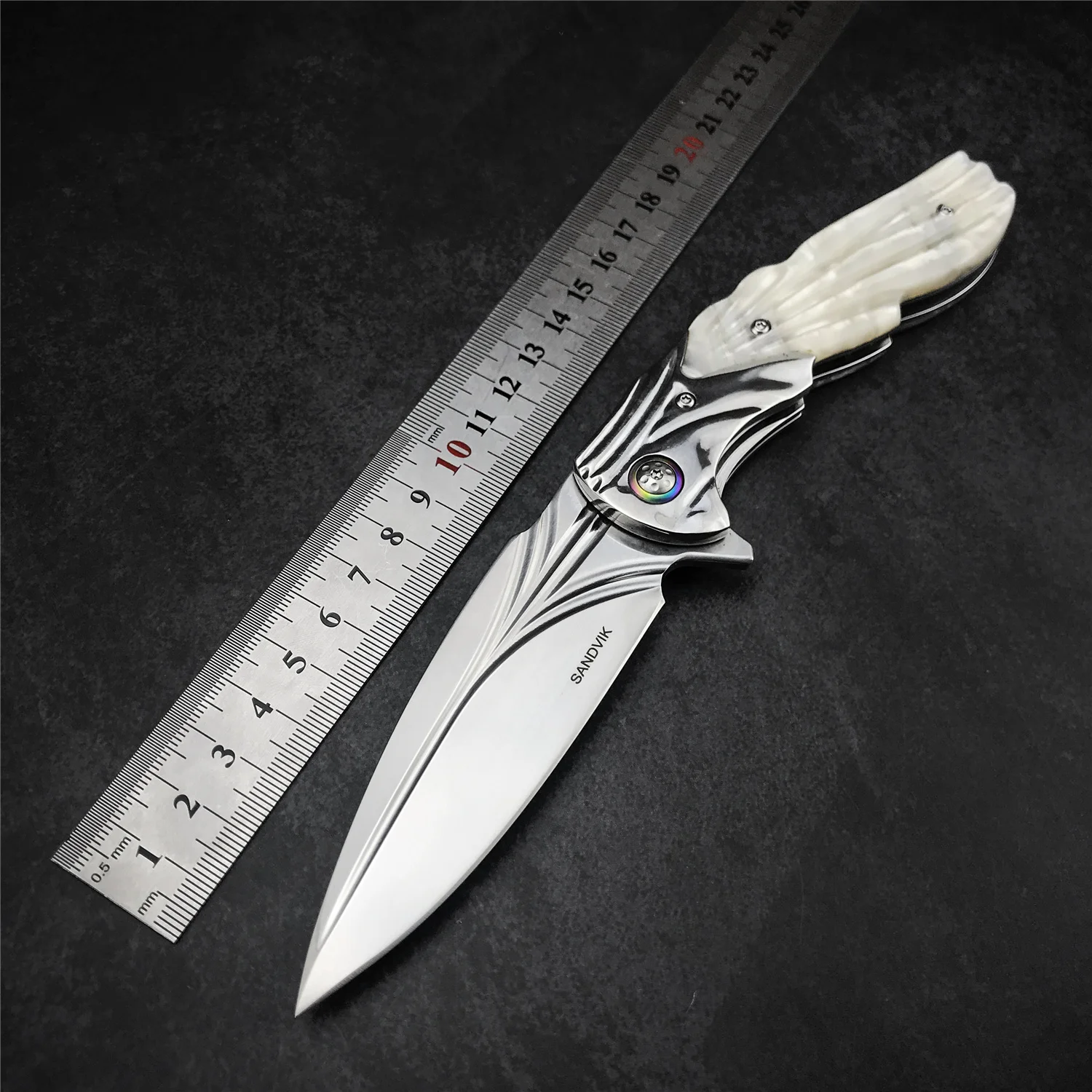 

Sandvik Steel Blade Tactical Folding Knife Acrylic Imitation Pearl Shell Handle Survival Hunting Gift Knivs Tool for Collector