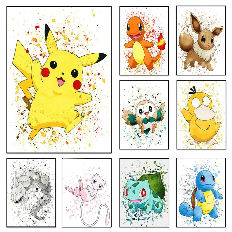 

Pokémon Watercolor Posters And Prints For Kids Bedroom Anime Character Pikachu Fire Dragon Canvas Painting Wall Art Home Decor