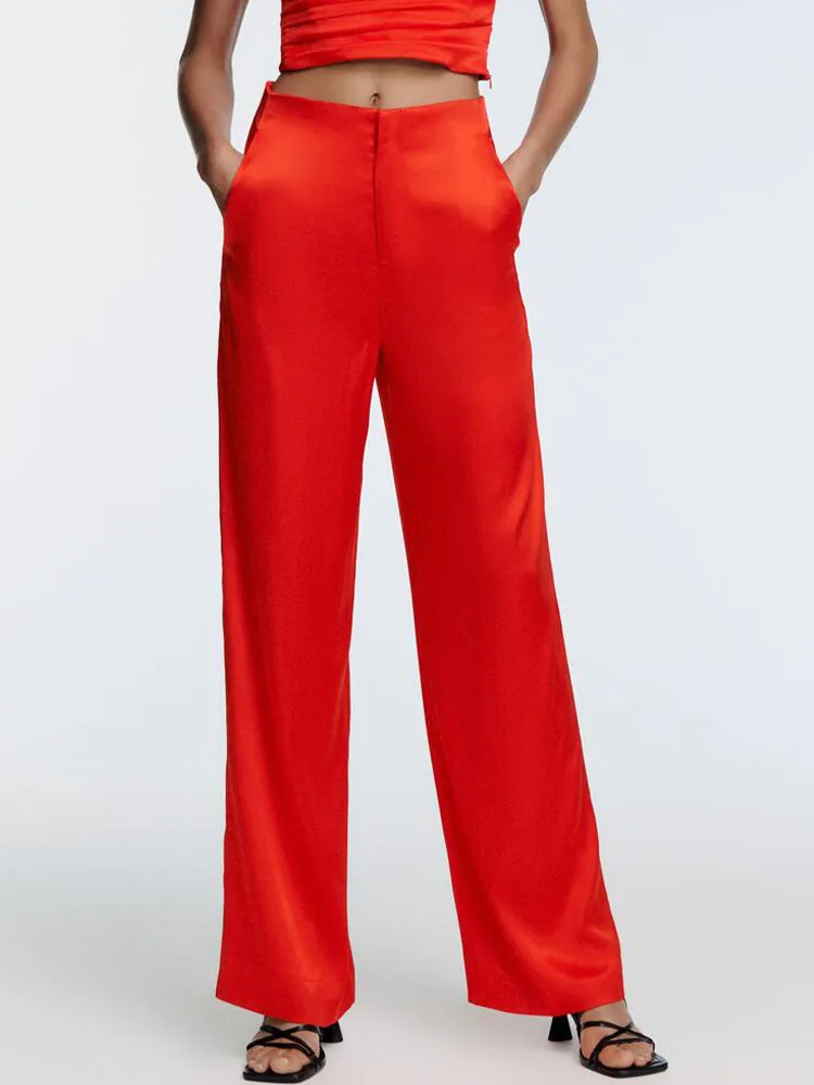 

ZA early autumn new women's temperament is thin silk satin texture casual straight-leg trousers