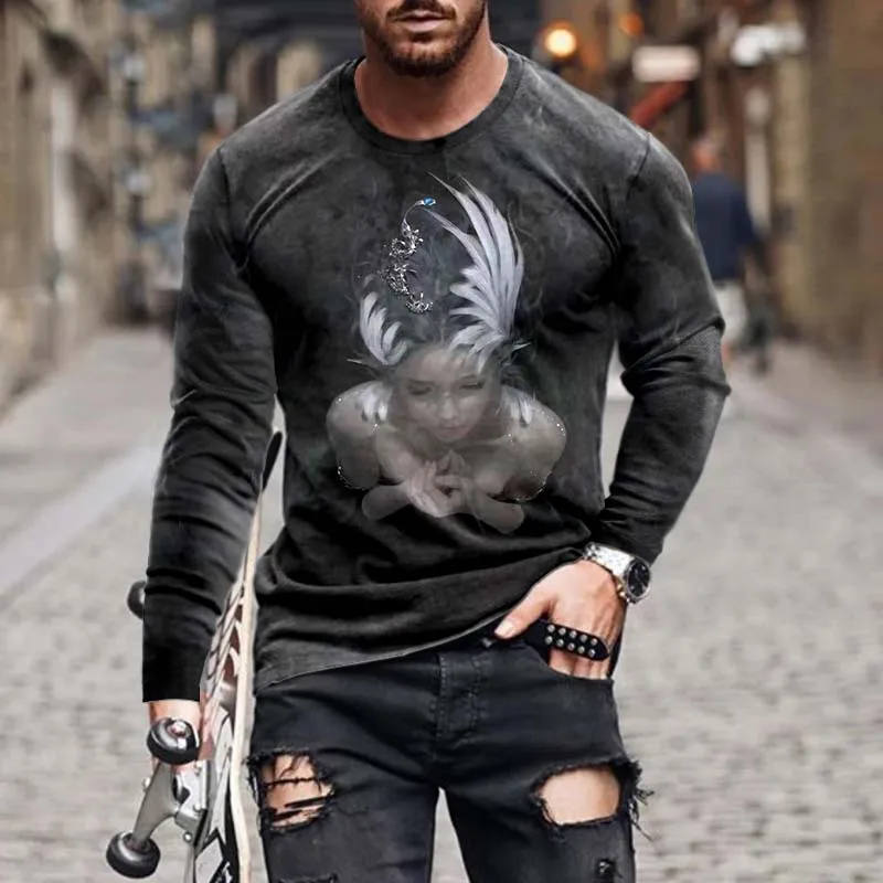 

Осень-лето 2021, футболка с длинным рукавом, новинка, Мужская Уличная Модная Тонкая футболка с 3d-цифровым принтом, рубашка, Топ