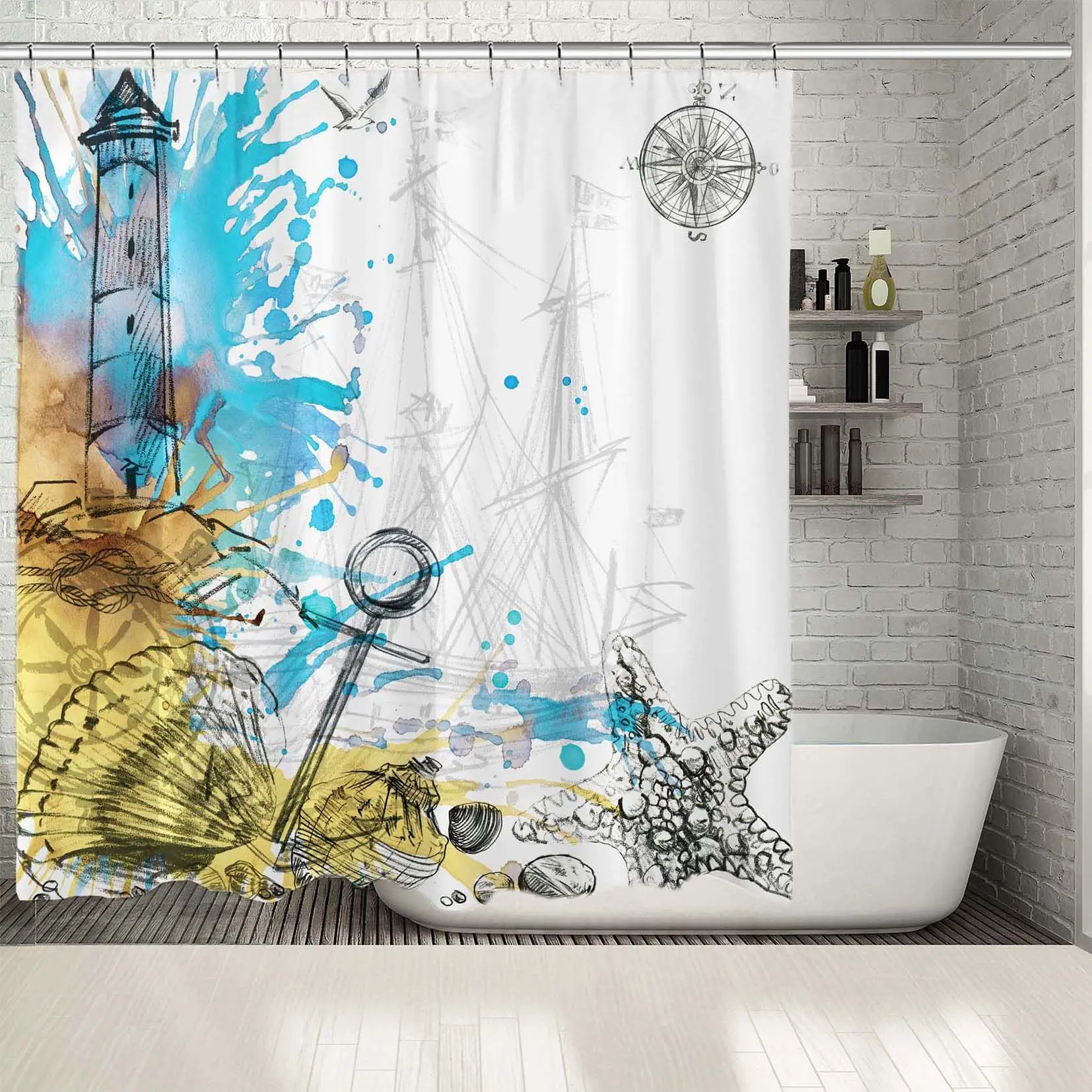 Занавеска для душа в лодках Морской Маяк Раковина Морская звезда Краска Брызги