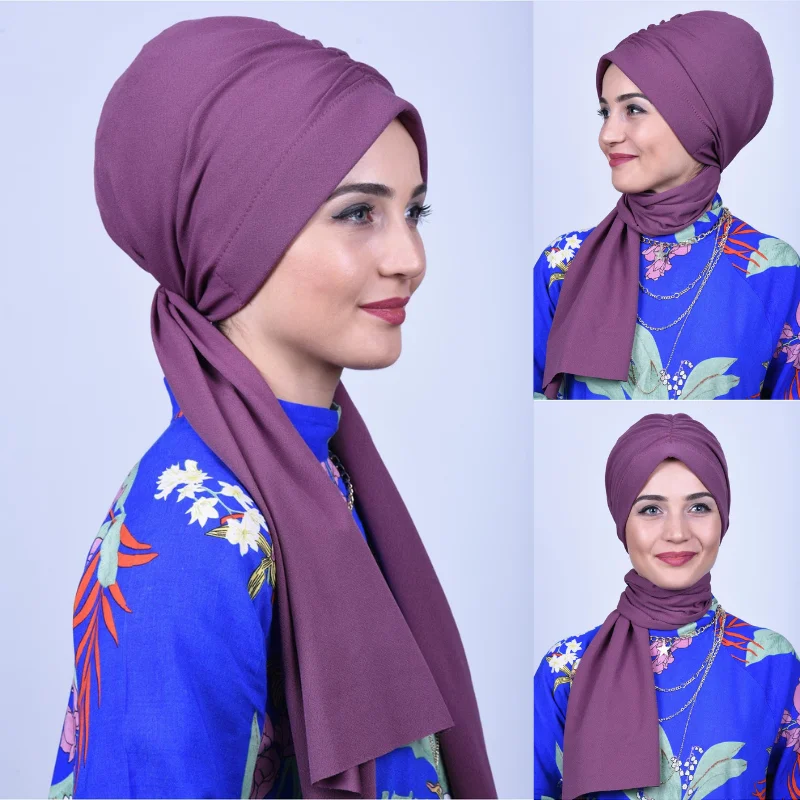 Muslim Women Cotton Bandana Hat Shawl Headwrap Head Scarf Ready To Wear Under Hijab Bonnet Elegant Solid Color Cancer Chemo Cap